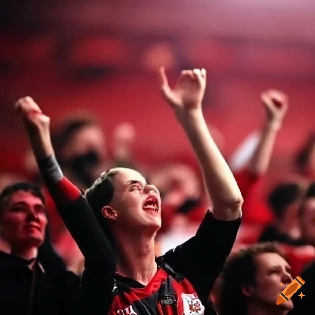 Enthusiastic Southampton FC fans cheering during a soccer match