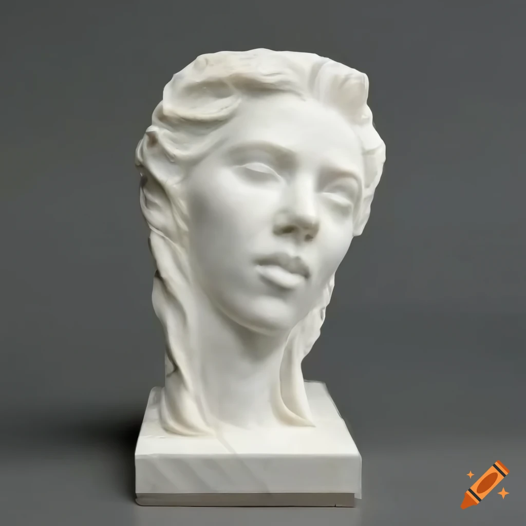 Sculpture of scarlett johansson's face and neck in white marble on Craiyon