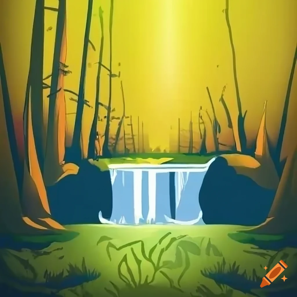 Golden forest with a waterfall on Craiyon