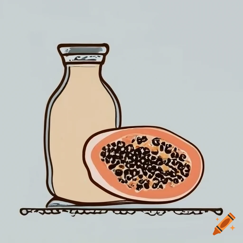 Black line art of papaya and milk in a stamp