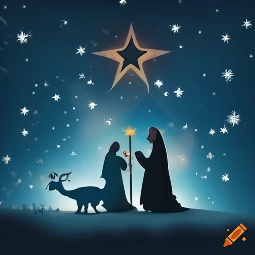Nativity scene with animals and shining star above