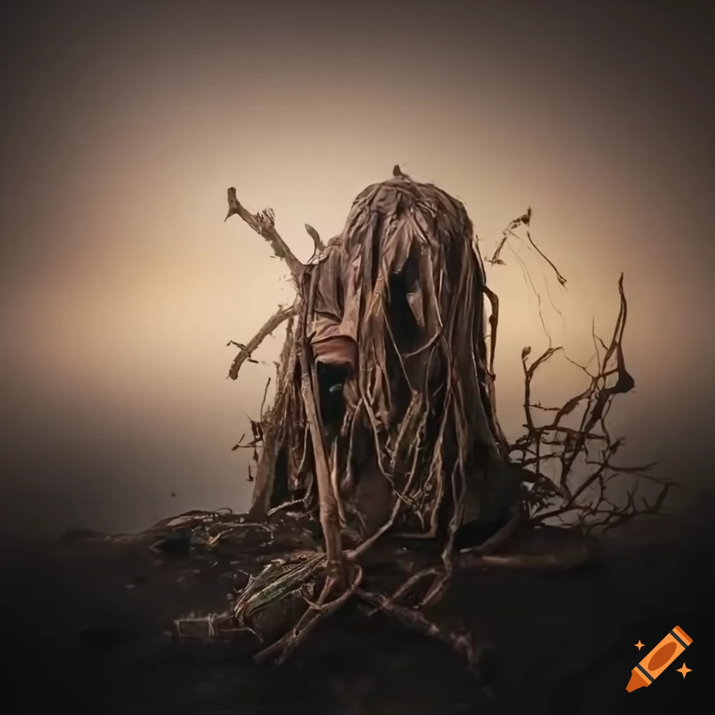 Comically Distorted Figure Distorted figure caught in web of branches and junk in a stormy ...
