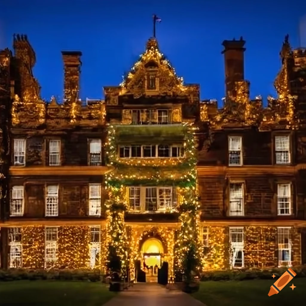 Stately home adorned with colorful christmas lights on Craiyon