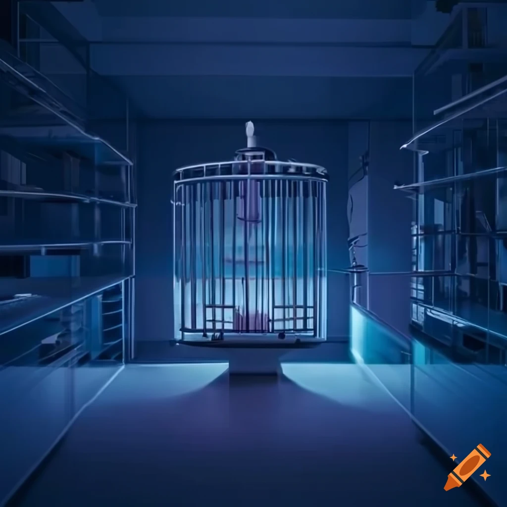 Research and development lab with a small cage in the center
