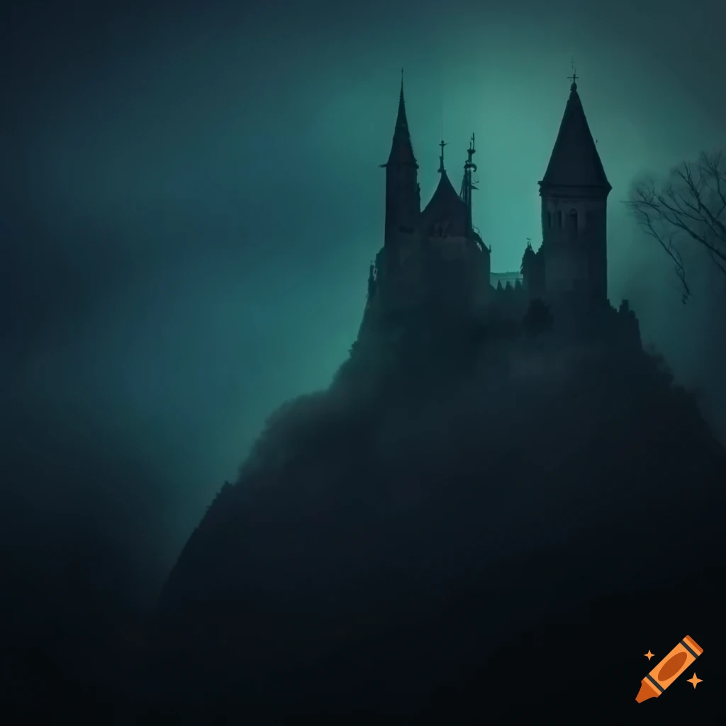 Spooky castle on a misty hill surrounded by towering trees