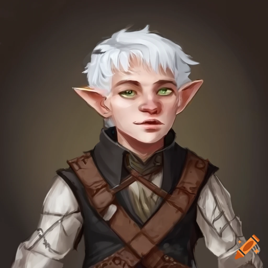 Male halfling thief character from dnd with white hair and green eyes