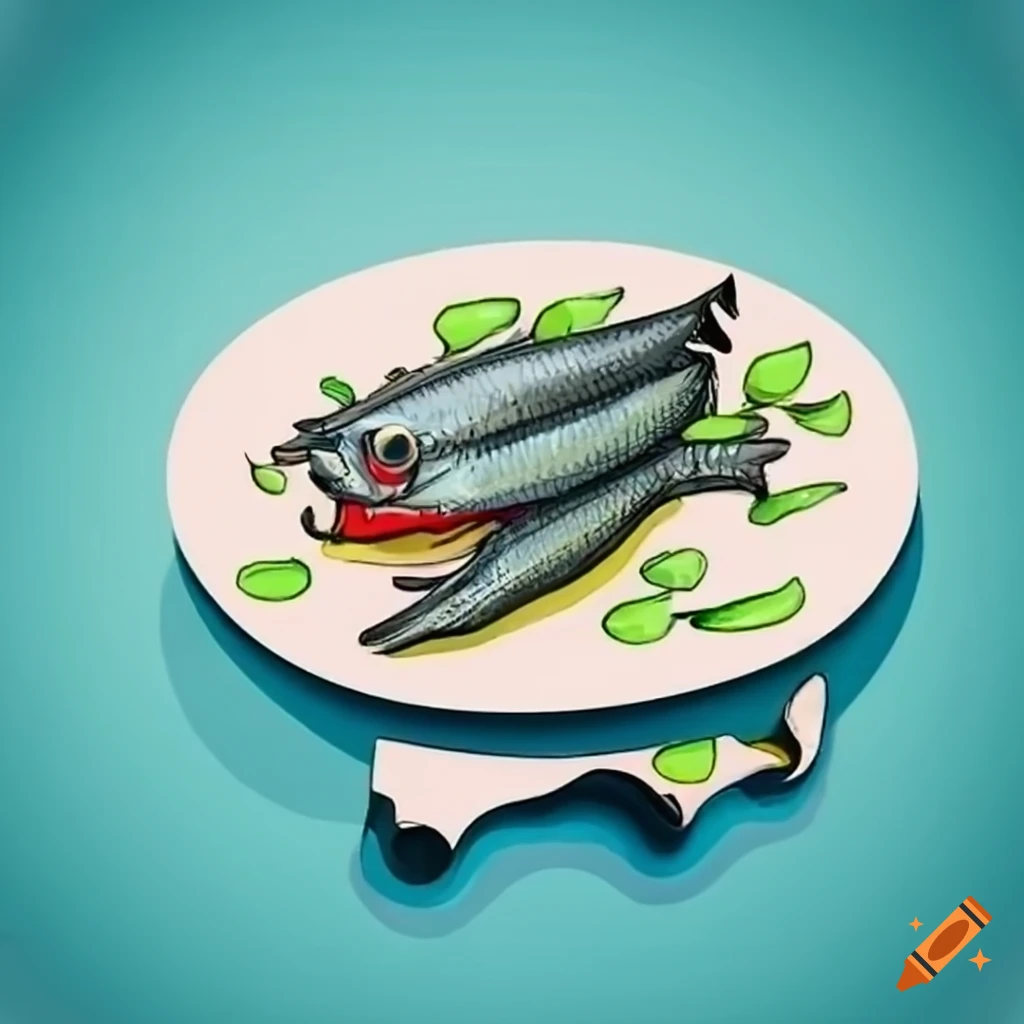 Cartoon anchovy on a plate on Craiyon