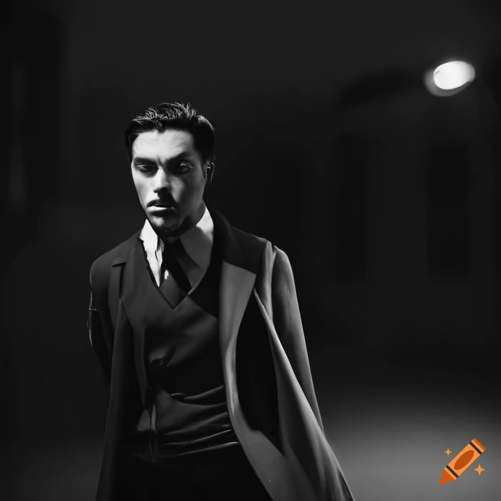 Mysterious secret agent in a sleek outfit standing on a dimly lit rooftop