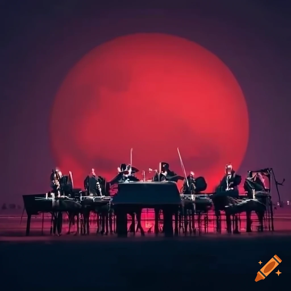 Orchestra performing under the red glow with Mars in the sky