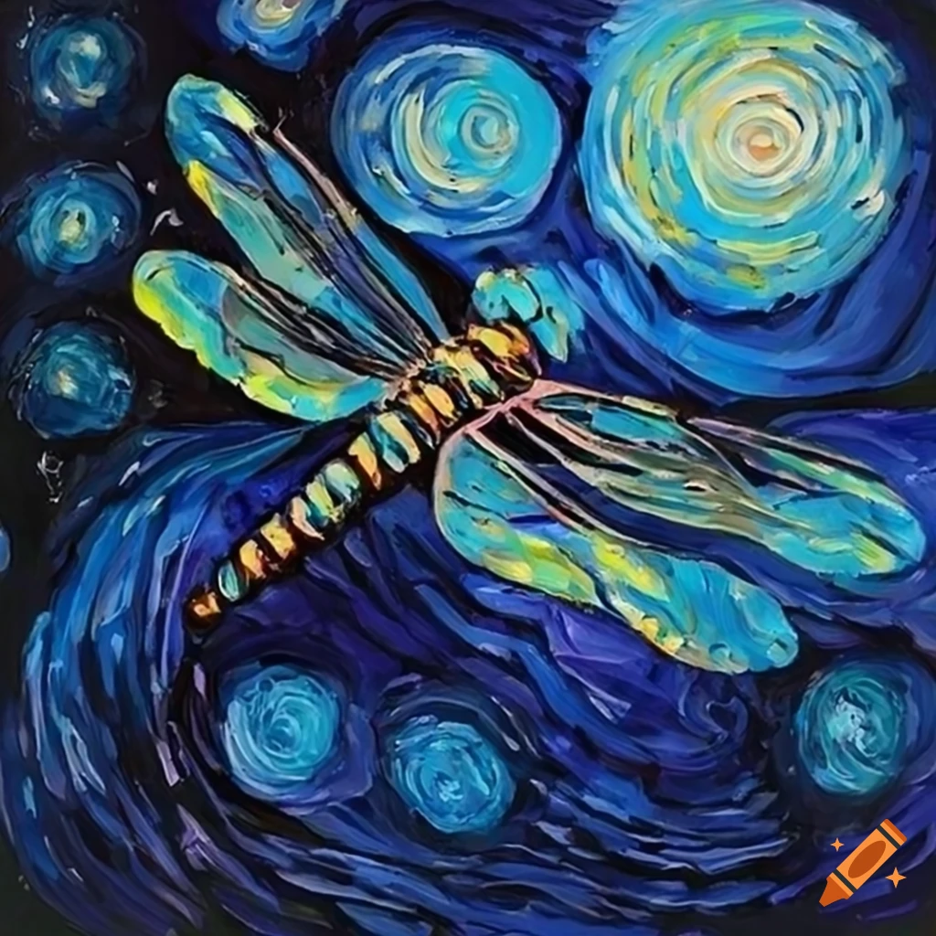 Dragonfly painting inspired by starry night style on Craiyon