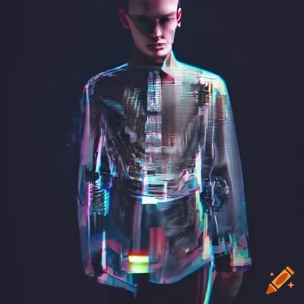 Futuristic man wearing transparent plexiglass dress shirt with glitch ...