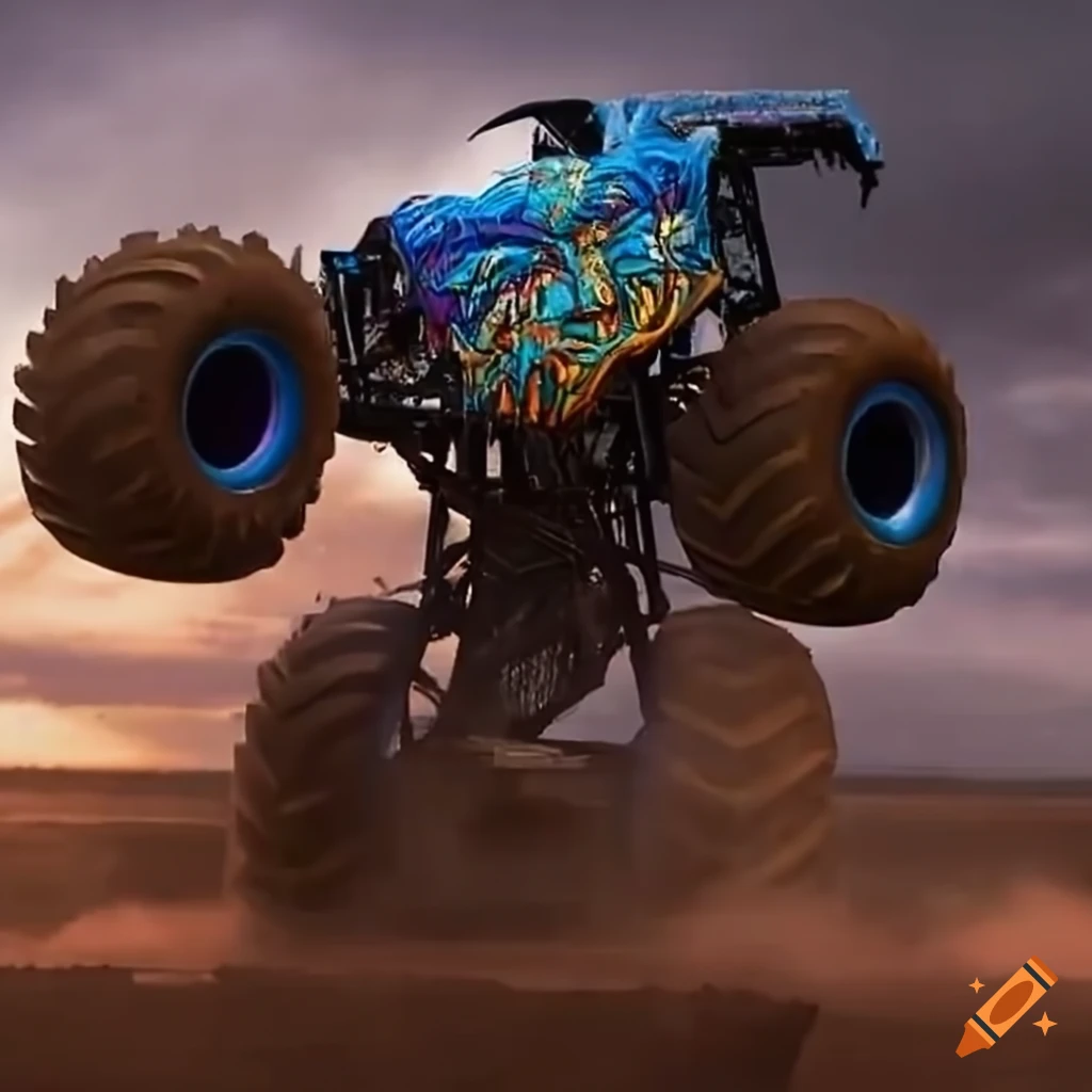Monster truck performing intense stunts with the name brand "McBain" painted on its body