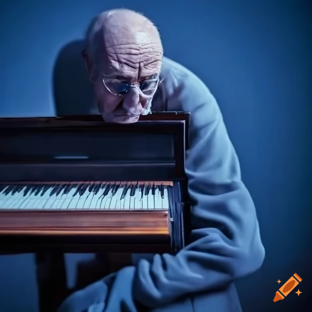 Vintage painting of an old man playing a piano in a blue mood