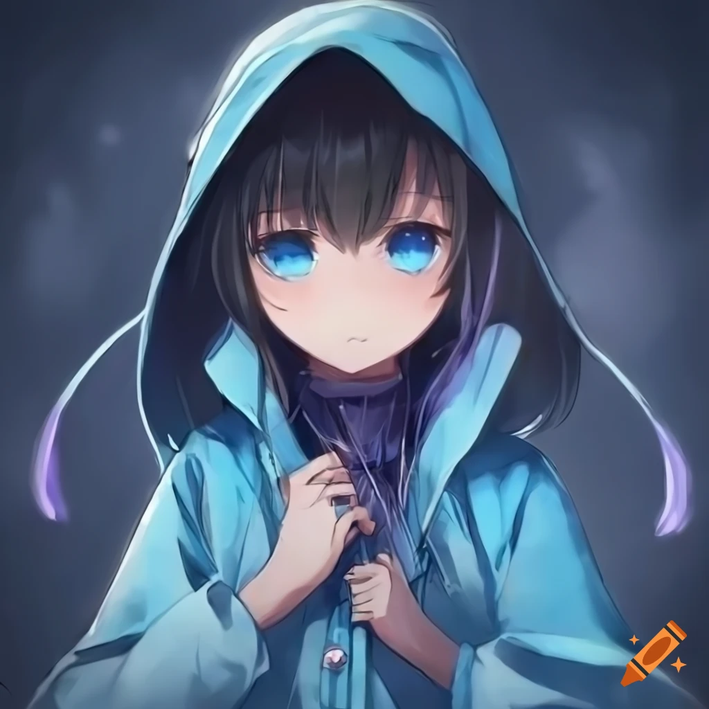 Anime girl with blue glowing eyes and black hair wearing a blue ...