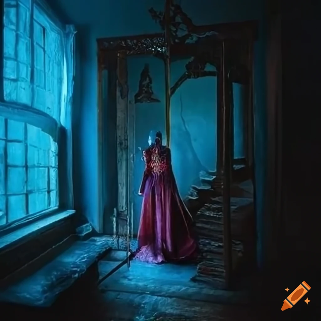 Mystical sorceress entering old house with pulsing ancient blue runes