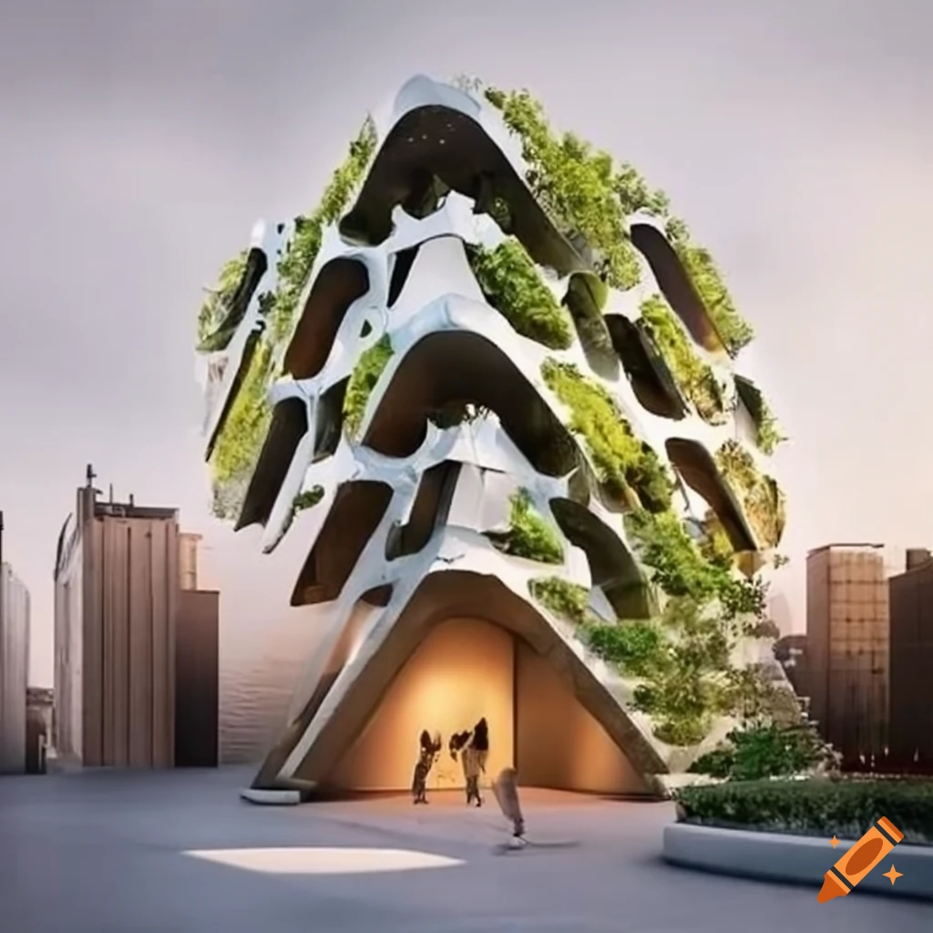 Innovative sustainable building with rooftop gardens and stylish design