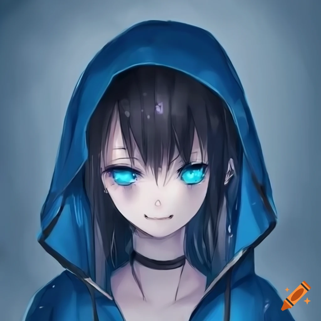 Creepy Anime Girl With Bright Blue Glowing Eyes And A Blue Hooded Raincoat 3225