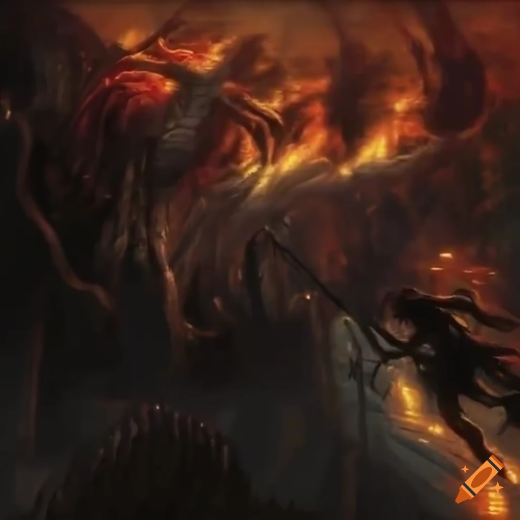 Sephiroth braving a blazing inferno with one black wing in a detailed painting