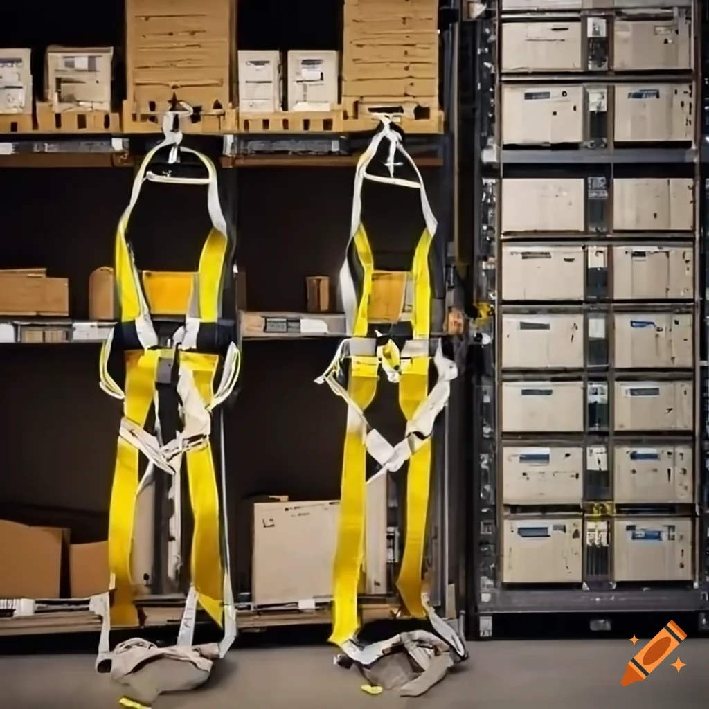 Open storage locker with fall protection harnesses and safety gear in a