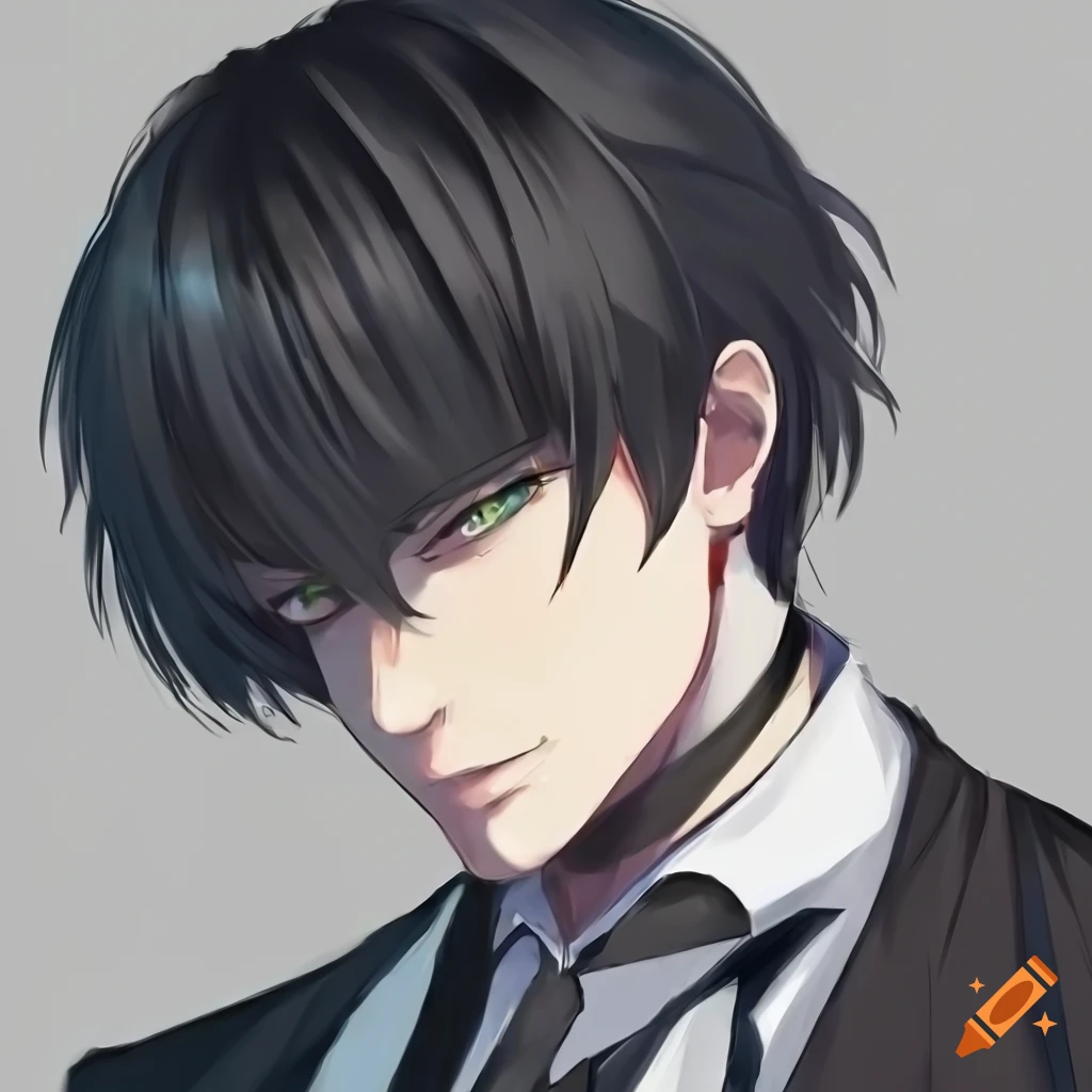 Portrait of a guy with black hair and green eyes in anime style on Craiyon