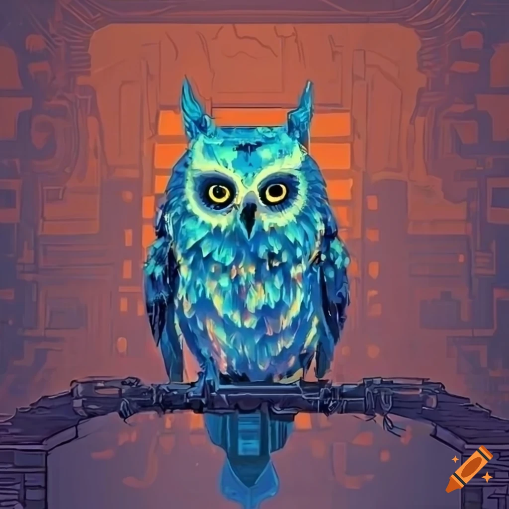 Blue cyberpunk owl against deep orange backdrop in tim doyle style