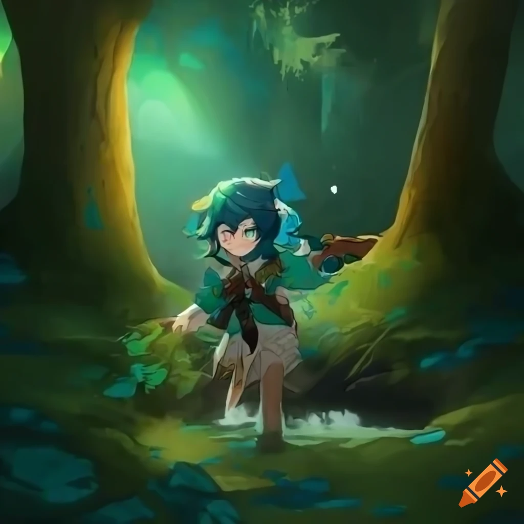 Venti in Barbatos attire washing in a forest stream