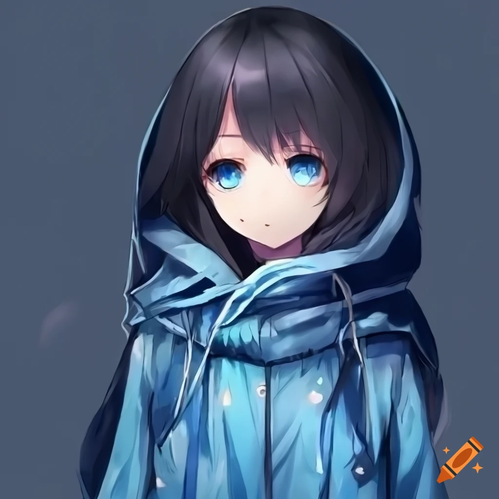 Anime Girl With Blue Glowing Eyes And Black Hair Wearing A Blue Raincoat With Hood 0624