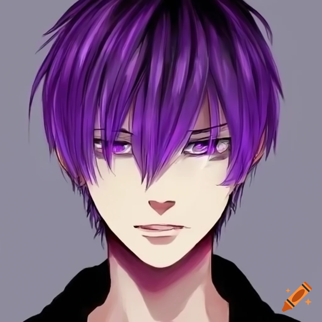 Male anime character with purple jelly hairstyle and black/white eyes