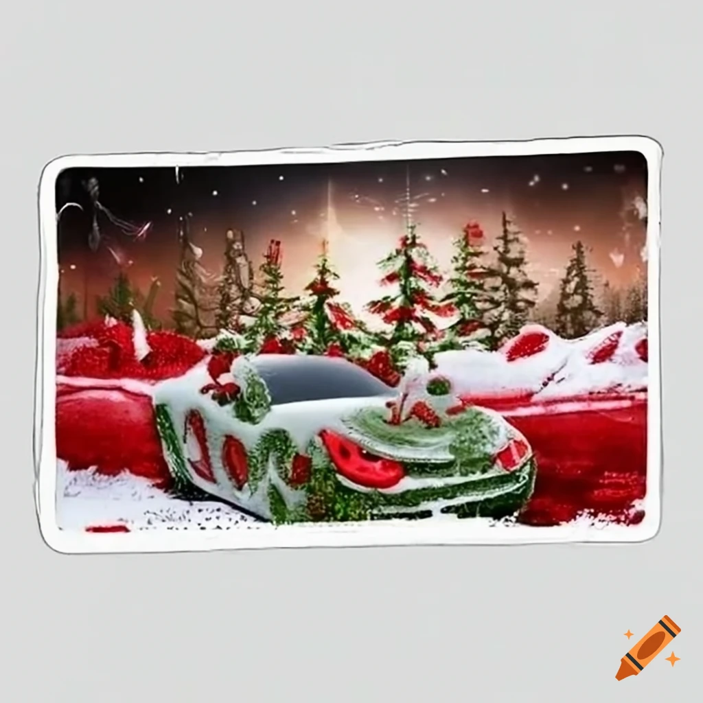 Snow reindeer under mistletoe with christmas tree and sports car