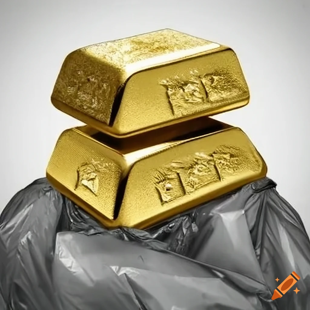 Gold bar on top of a pile of trash bags