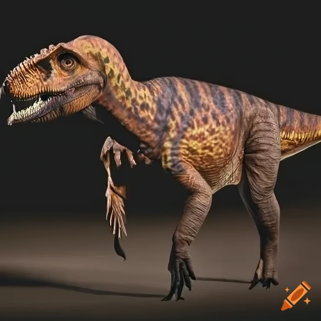 Hefty Iguanodon dinosaur with intricate motley color pattern in British Columbia landscape