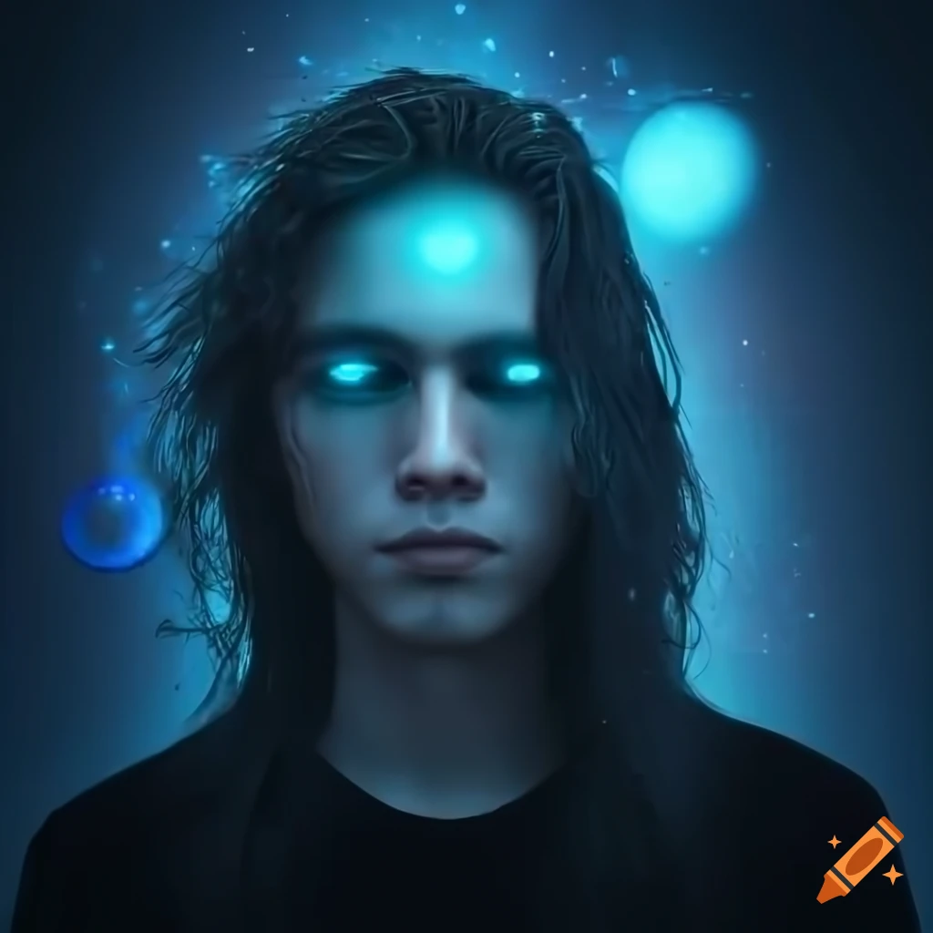 Male head with glowing eyes and music notes, in computer graphics style