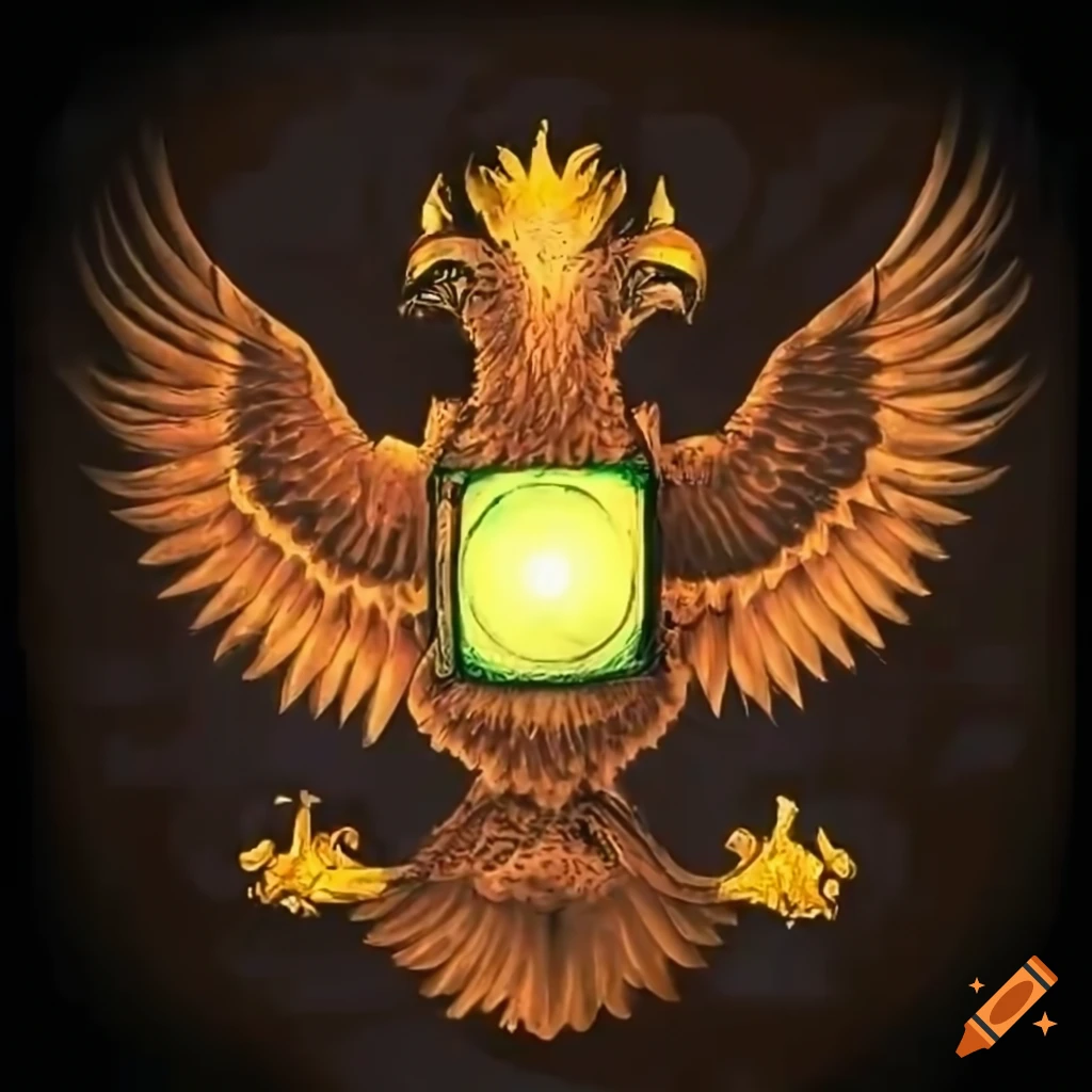 Two-headed bald eagle with spread wings and glowing eye-pyramid crest holding keys and shield