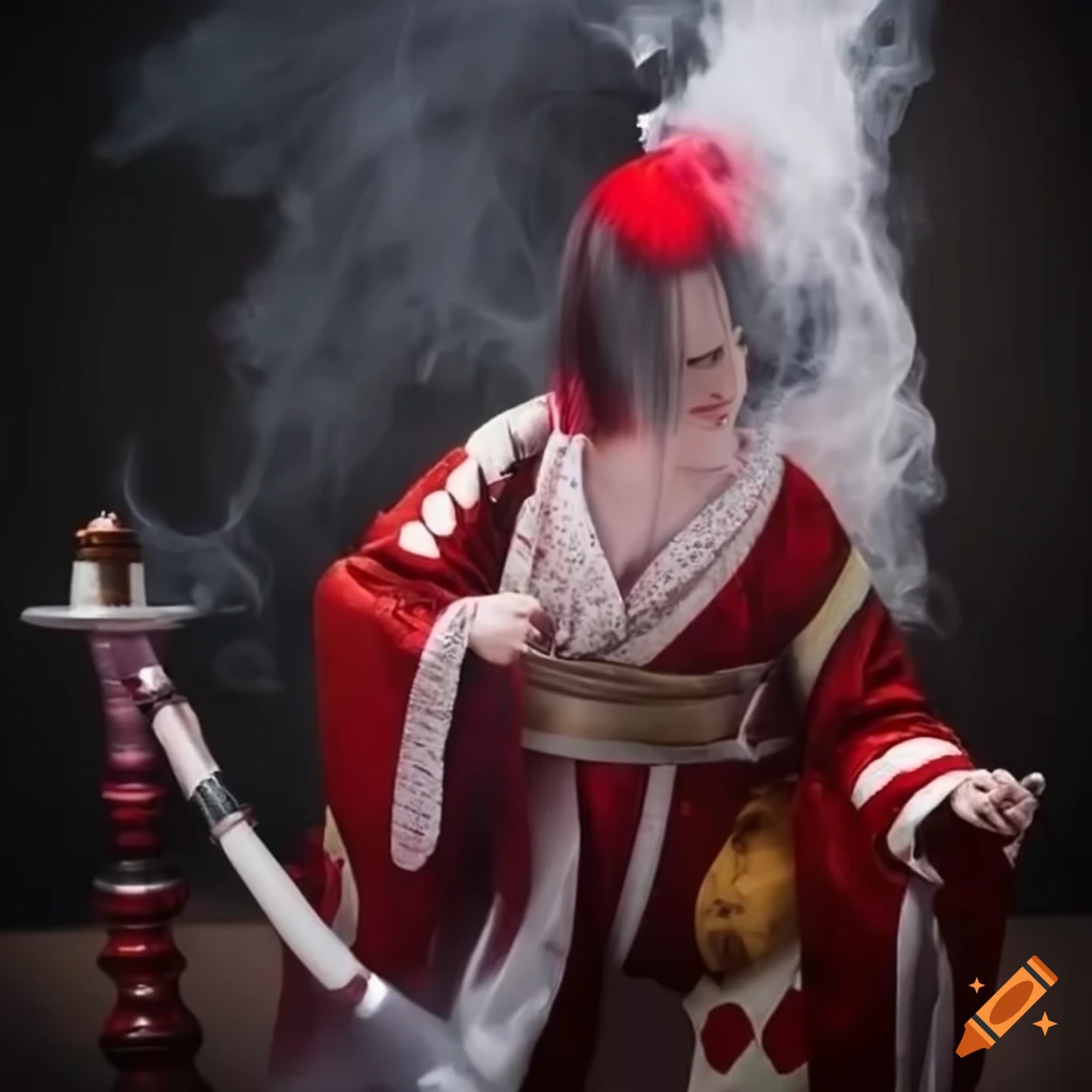 Kabuki full body costumes smoking a hookah pipe on Craiyon
