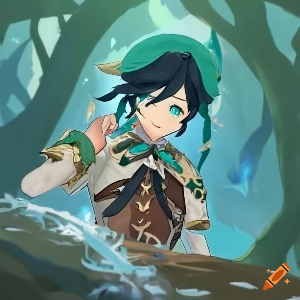 Venti in Barbatos attire washing in a forest stream