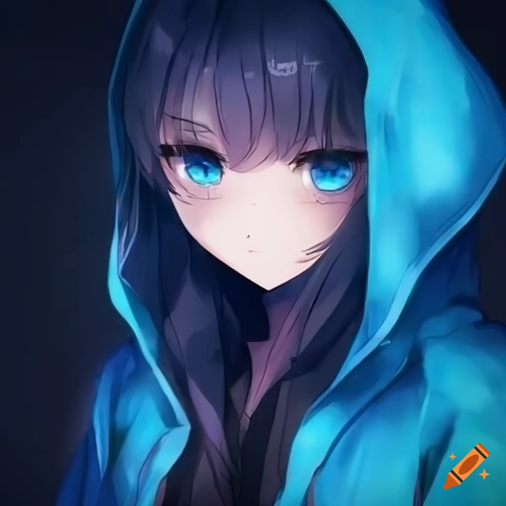Stunning Anime Girl With Bright Blue Glowing Eyes And Black Hair In A Blue Raincoat On Craiyon 2796