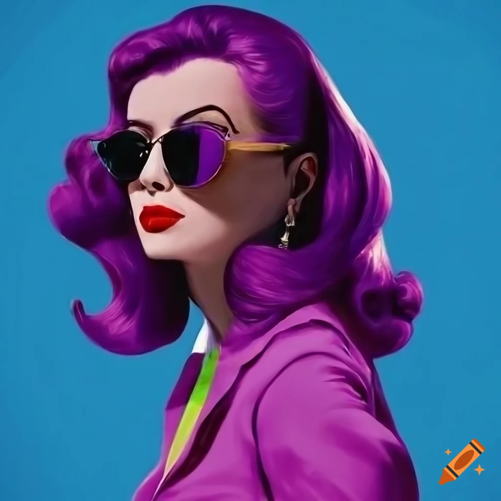 1940's pop art pinup-style woman with dark purple wavy hair and vintage sunglasses