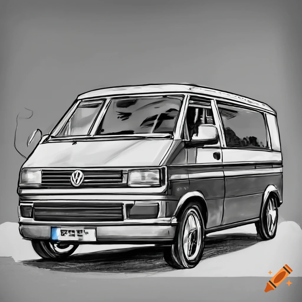 Pencil drawing of volkswagen transporter t5 1995 in black and white from  the side on Craiyon
