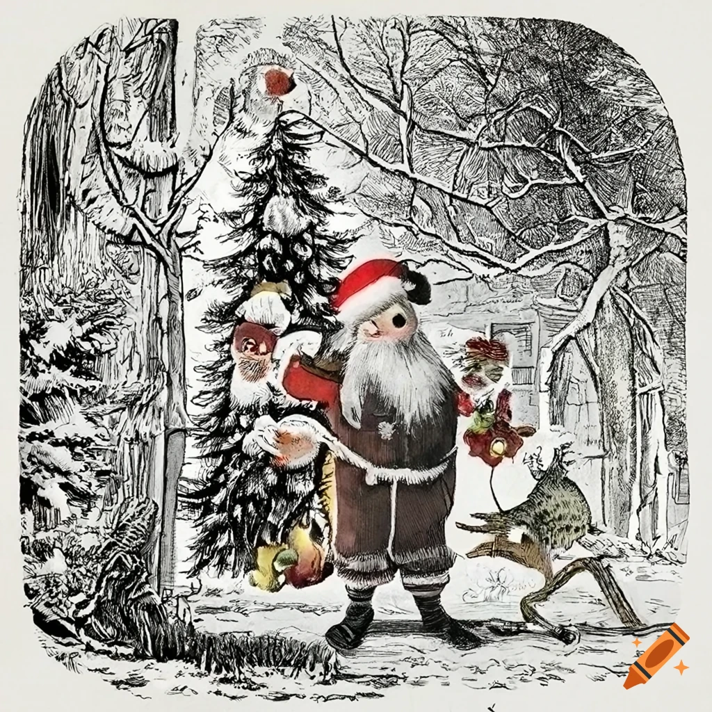 Monochrome storybook illustration of Santa's workshop, elves, and magical birds in a snowy forest