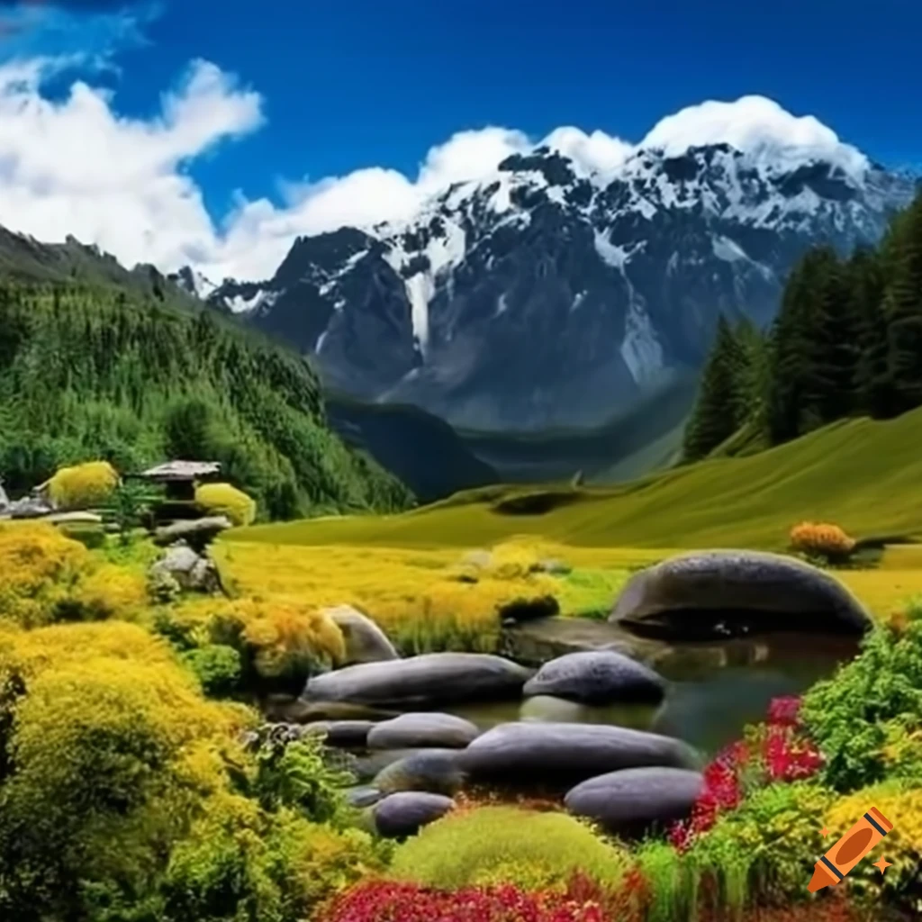 Paysage tibétain avec des fleurs de montagne et surface d'eau calme