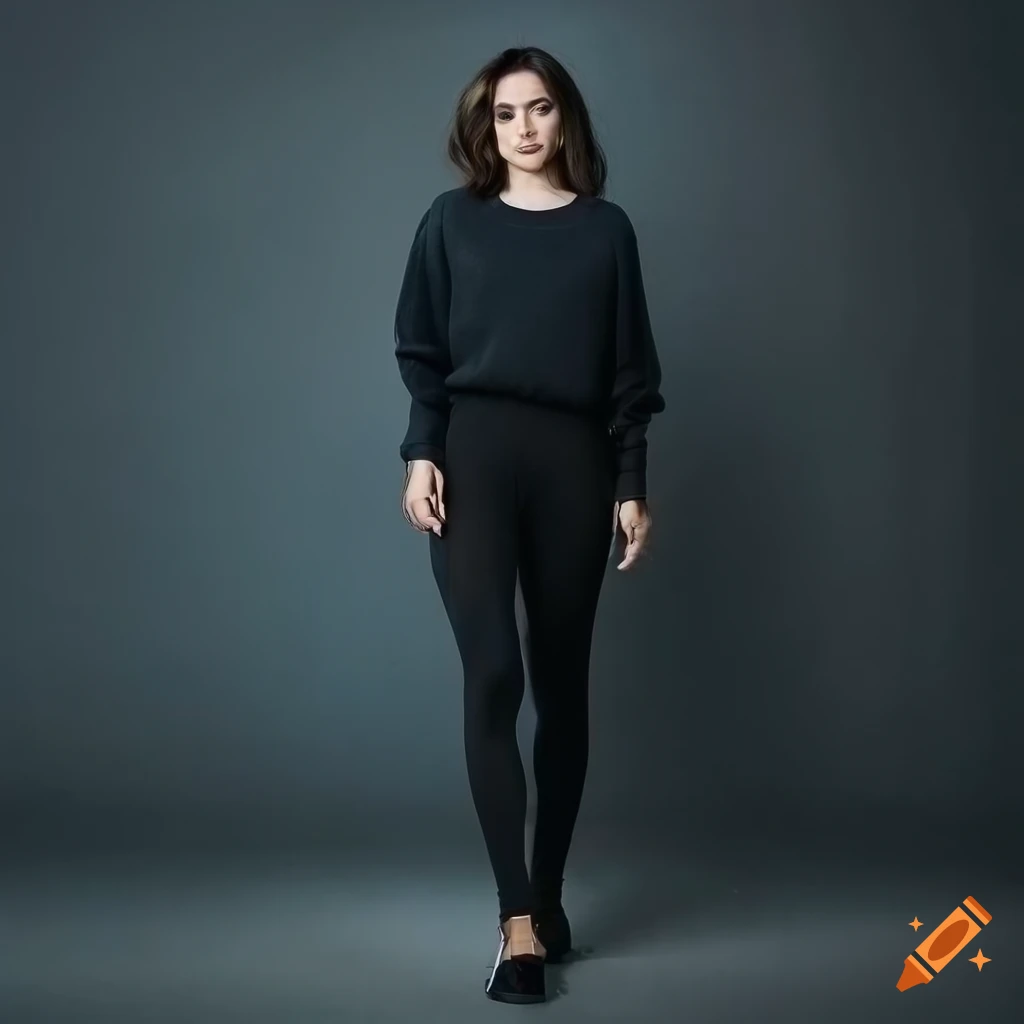 Woman in oversized sweater and black leggings standing in a dark