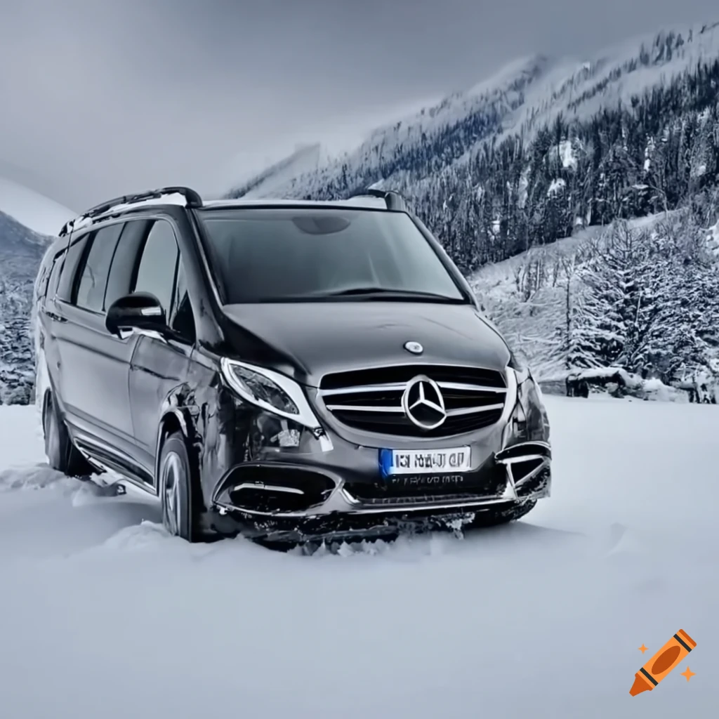 Mercedes v-class in the snow with mountain background on Craiyon