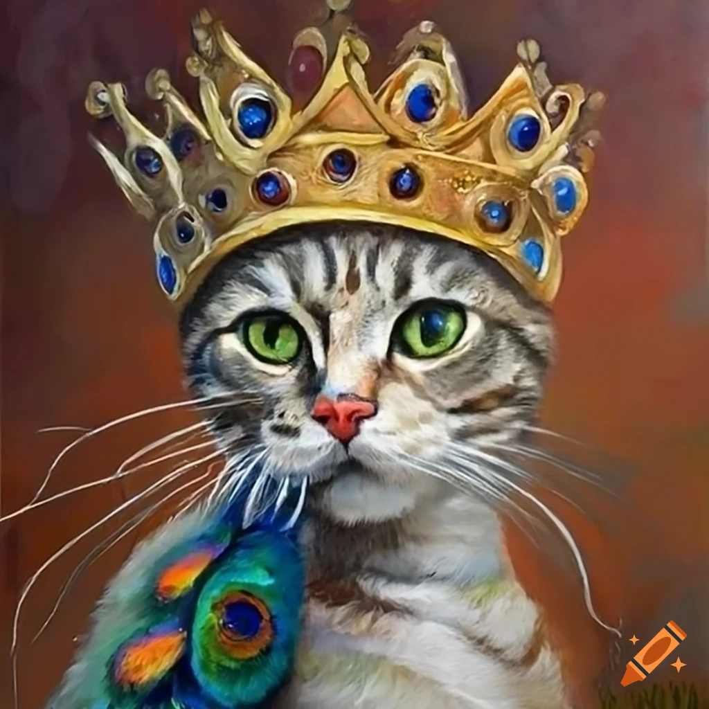 Cat with peacock feathers and crown on Craiyon