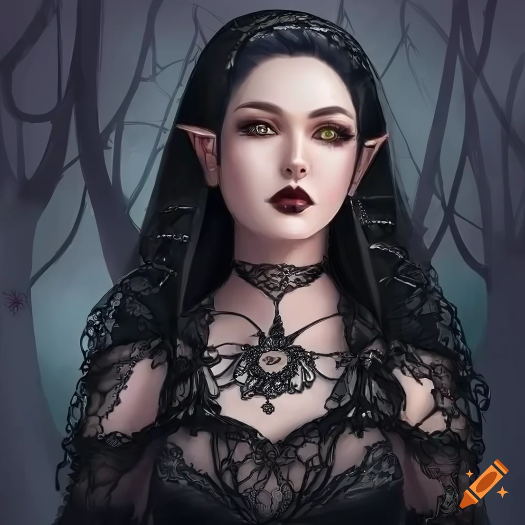 Elegant elven woman in gothic ball gown with striking yellow eyes