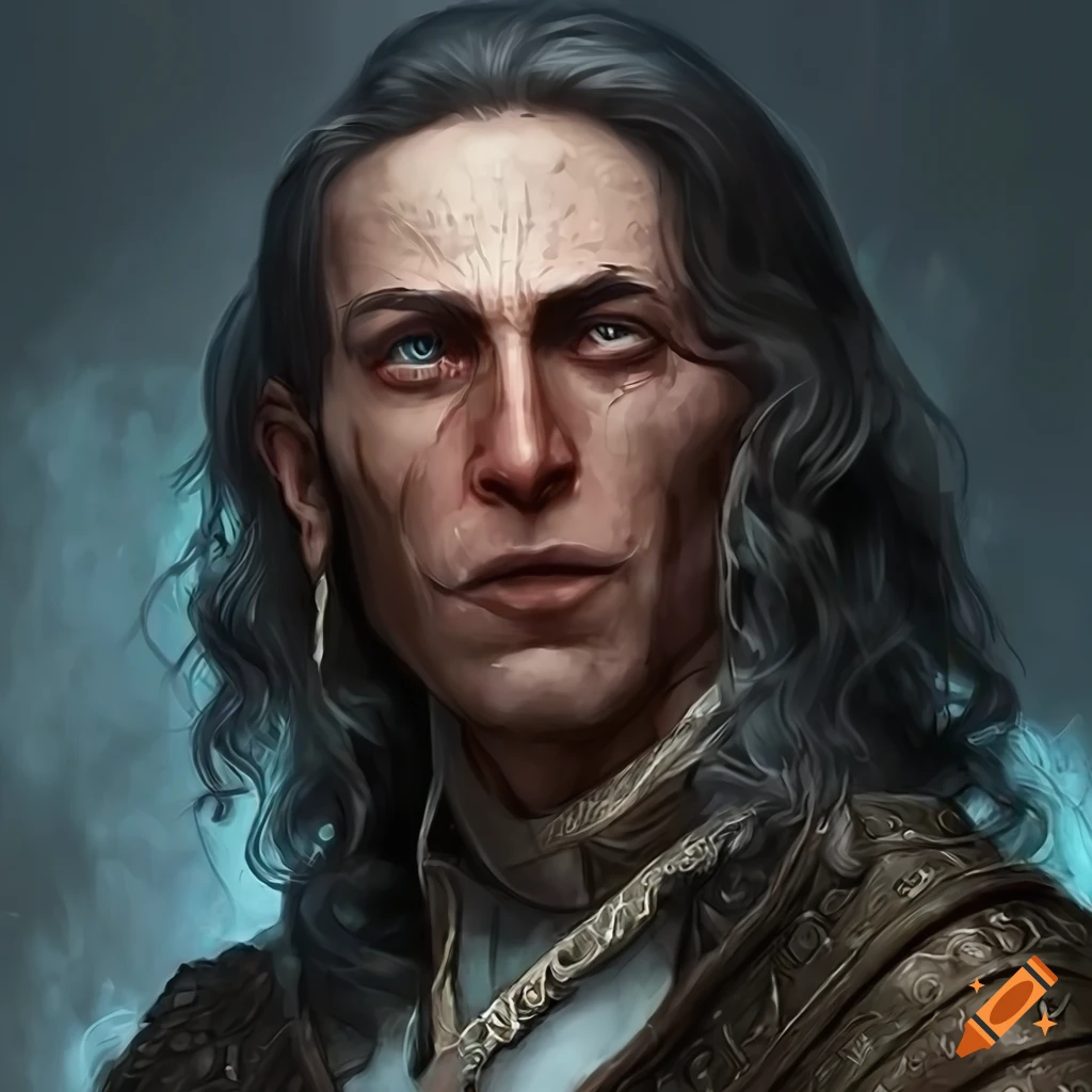 Middle-aged man vargas vallakovich from curse of strahd with long hair ...