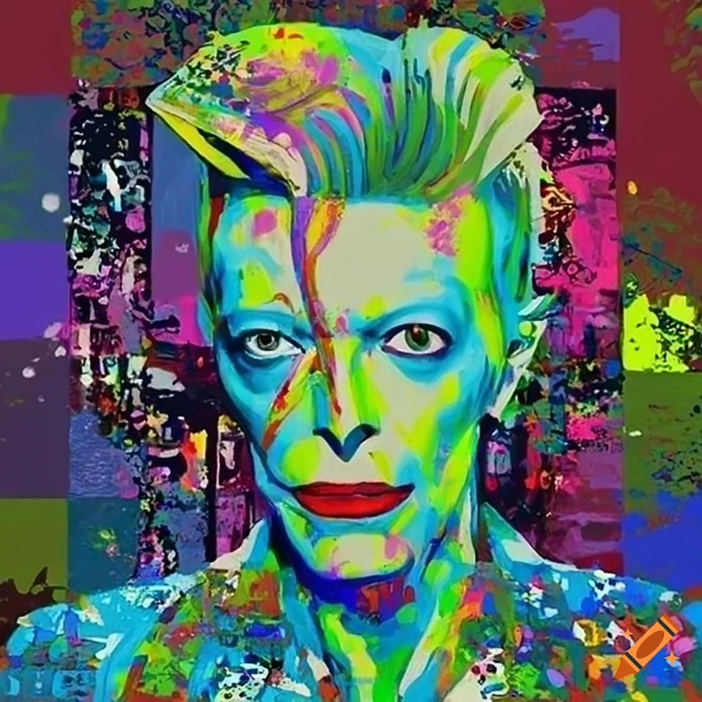 Pop art portrait of David Bowie as a green alien with Klimt's paintings