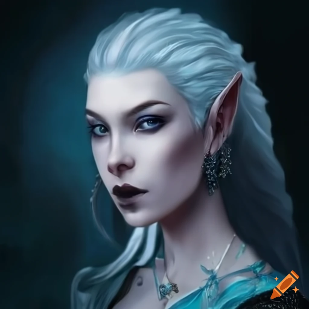 Portrait of a half dragon woman with long white hair and elegant clothing