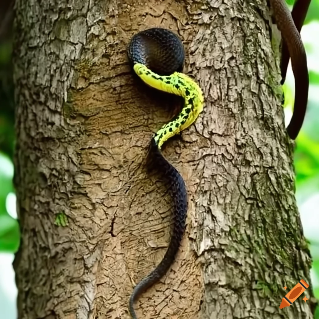 Snake coiled around a tree trunk