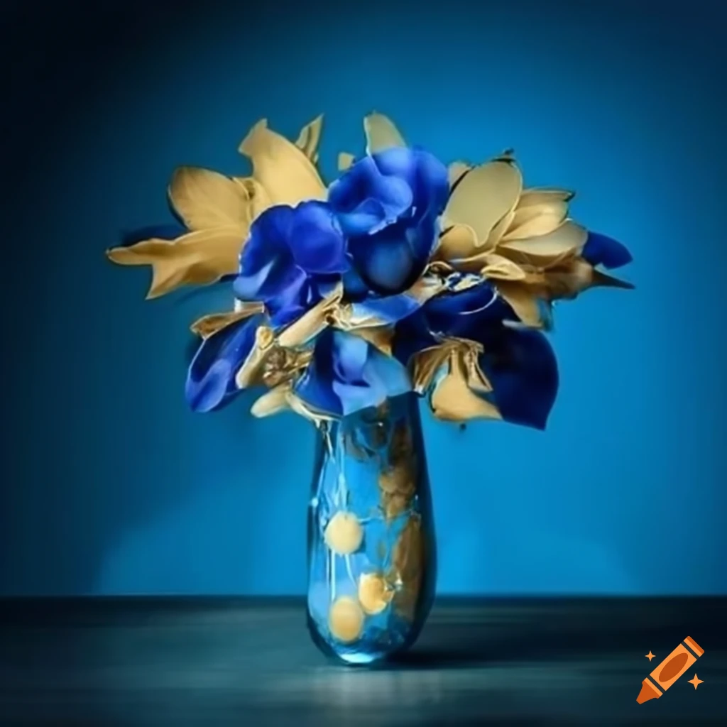 Blue and gold flowers in a glass vase