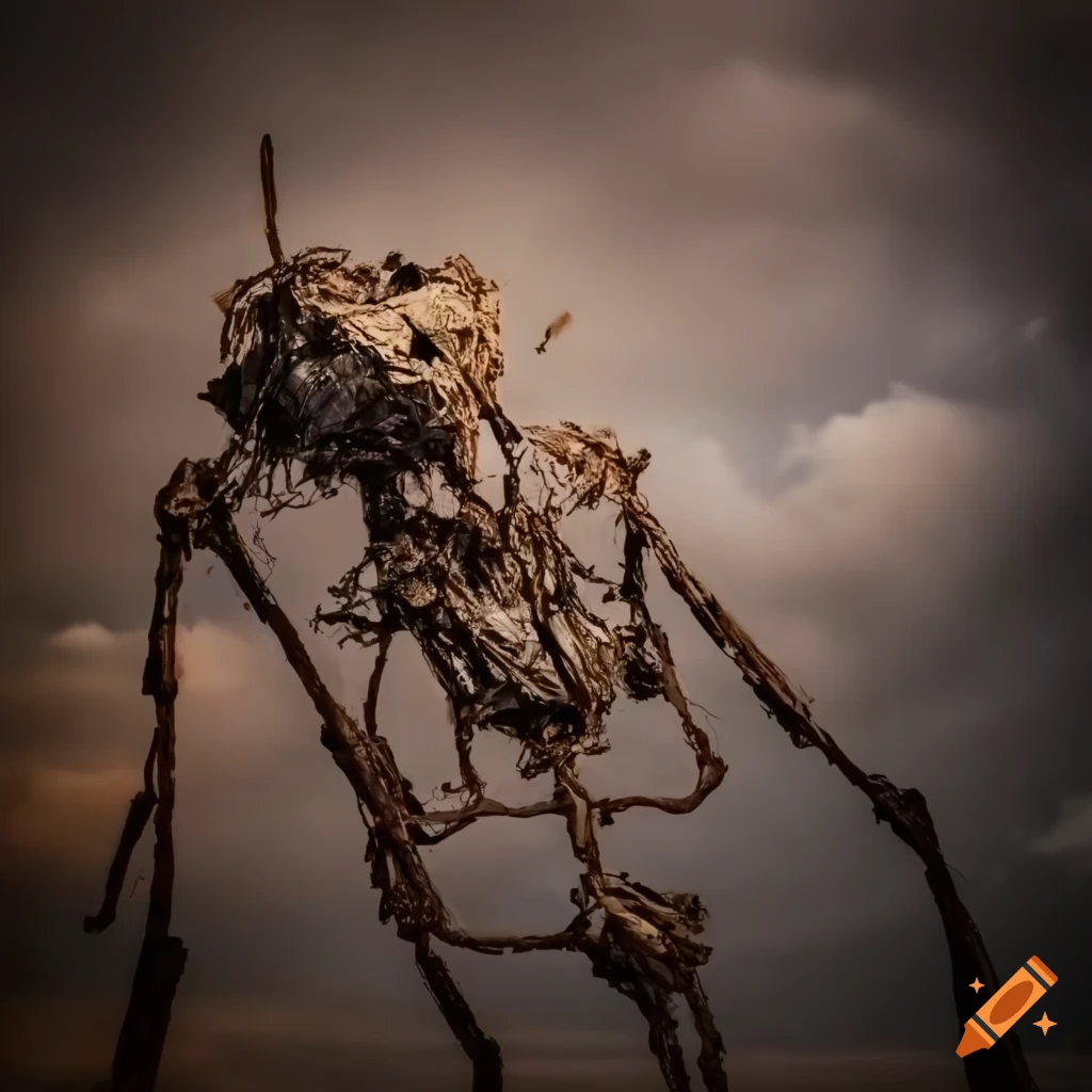 Abstract distorted figure caught in junk garbage web with stormy sky